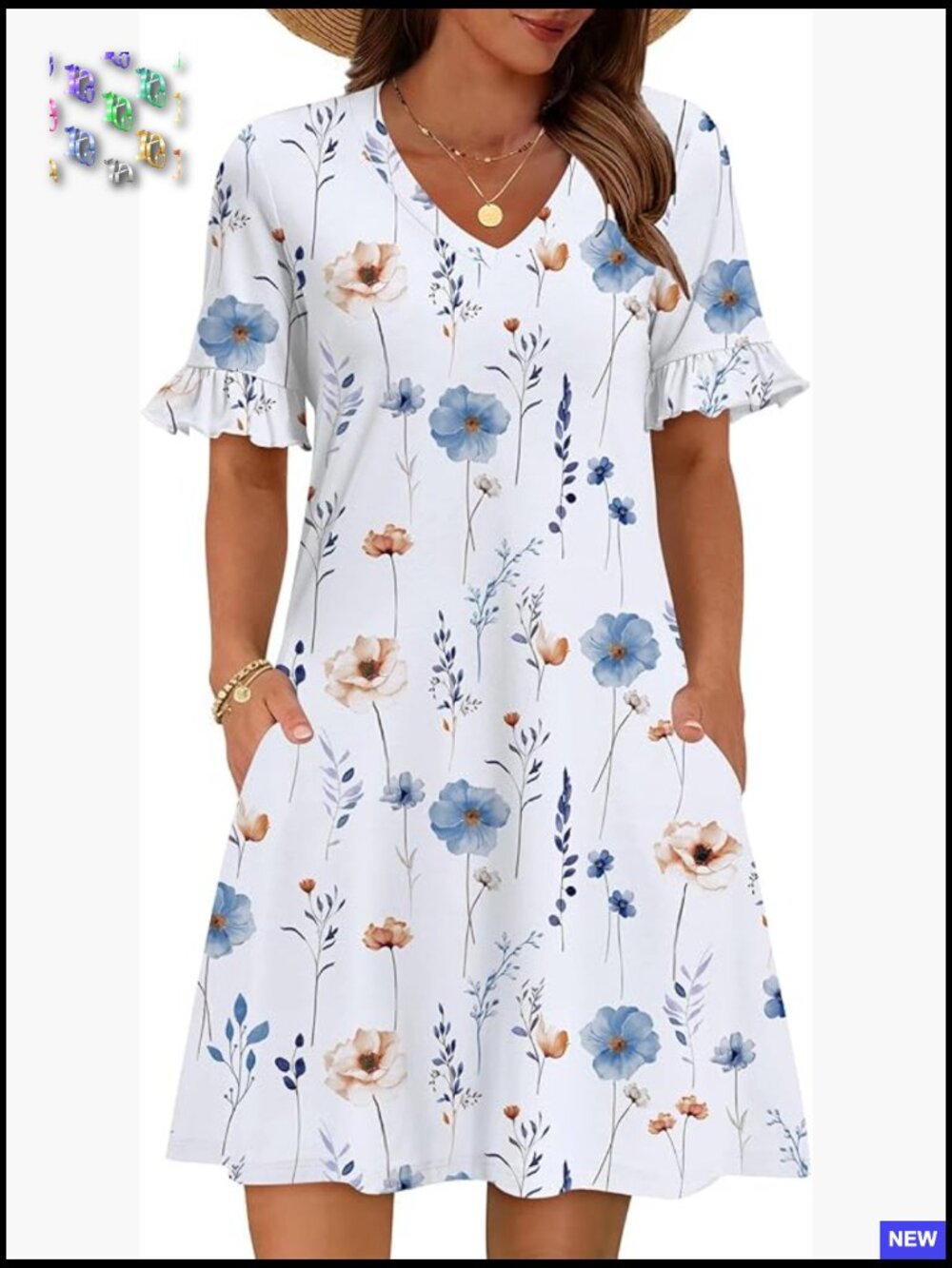 Floral A-Line V-Neck T-Shirt Dress With Ruffle Sleeves And Pockets